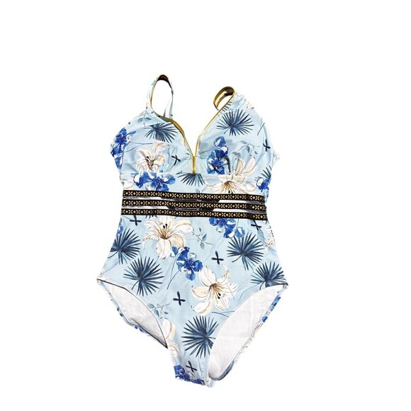 Floral Print One-Piece Swimsuit With Gold Trim & Mesh Detail Blue & White Small - Picture 3 of 6